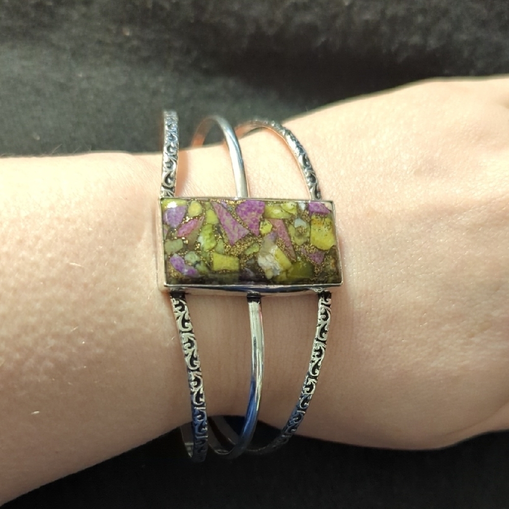 Silver Plated Purple Copper Turquoise Gemstone Cuff Statement Bracelet